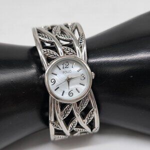 Folio Artisan Leaf Cuff Watch Ladies Silvertone Bracelet Cuff Watch Working
